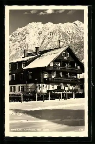 AK Oberstdorf im bayr. Allgäu, die Pension Haus Erika im Schnee