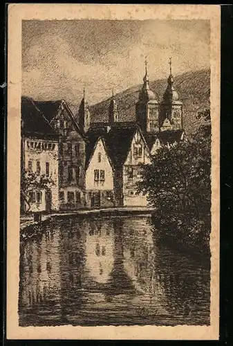 Künstler-AK Amorbach in Unterfranken, Partie an der Mud, Blick zur Kirche