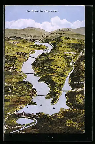 AK Körbecke, Landkarte des Möhne-See mit Umgebung und der Staumauer im Vordergrund