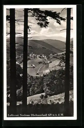 AK Nordenau im Hochsauerland, Blick vom Wald ins Tal auf die Ortschaft