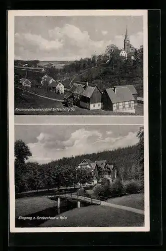 AK Krummenhennersdorf b. Freiberg i. Sa., Ortstotale mit der Kirche, Eingang z. Grabentour und Heim