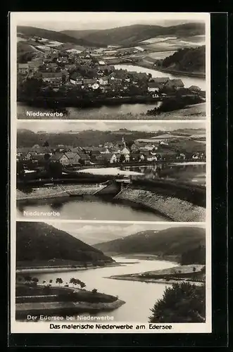 AK Niederwerbe am Edersee, Generalansicht von verschiedenen Seiten, Blick über den Edersee