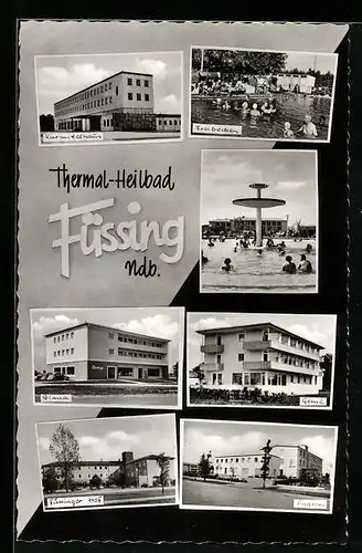AK Füssing i. Ndb., das Kurmittelhaus, im Freibecken, Haus Diana, der Füssinger Hof