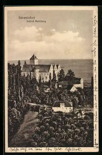 AK Schweinfurt am Main, das Schloss Mainberg auf dem Berg gesehen