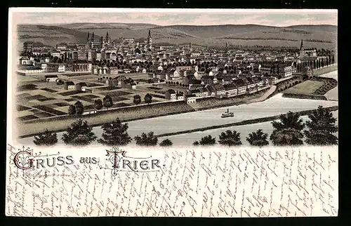 Lithographie Trier, Generalansicht der Stadt mit der Mosel im Vordergrund