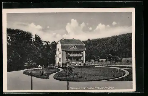 AK Zeitz, Partie an der Sommerfrischen Schneidemühle, Hotel und Villa Zur Zeitzer Schweiz