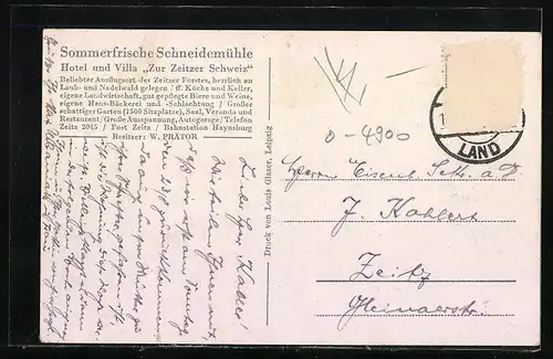 AK Zeitz, Partie an der Sommerfrischen Schneidemühle, Hotel und Villa Zur Zeitzer Schweiz