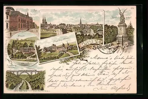 Lithographie Solingen, Generalansicht der Stadt, die Post, Blick auf Münsgen, an der Eisenbahnbrücke