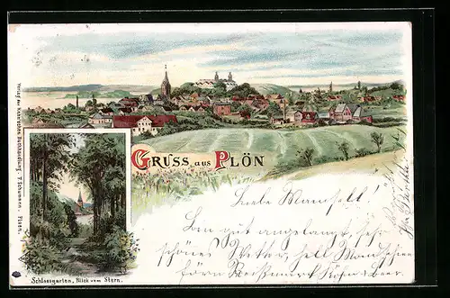 Lithographie Plön, Generalansicht der Stadt, Schlossgarten, Blick vom Stern