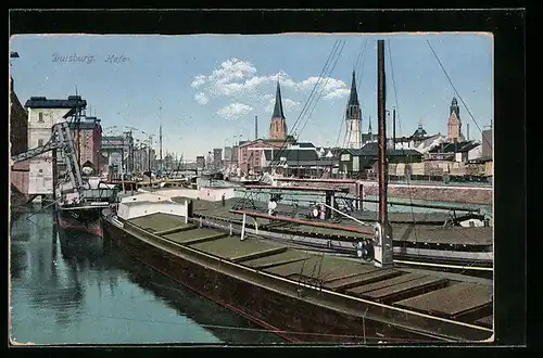 AK Duisburg, Schiffe im Hafen mit Blick auf die Kirchtürme