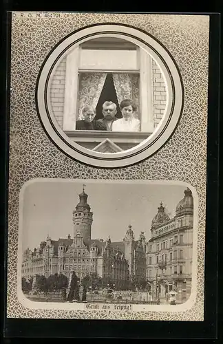 AK Leipzig, Neues Rathaus, Familie am Fenster
