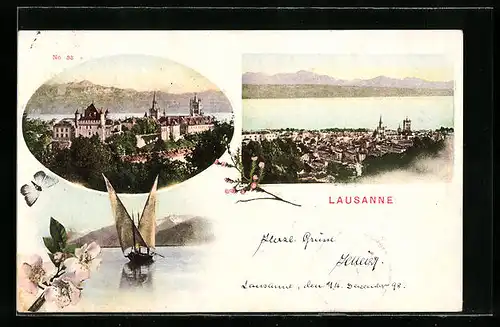 AK Lausanne, Stadtansicht, Schloss und Segelboot