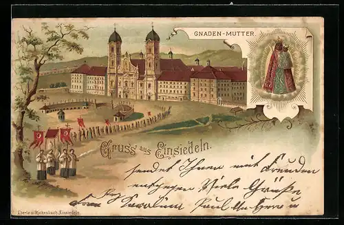 Lithographie Einsiedeln, Wallfahrtskirche mit Gnadenmutter