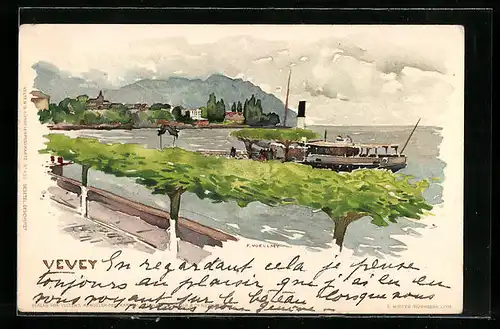 Künstler-AK Vevey, Blick über das Wasser zum Ort