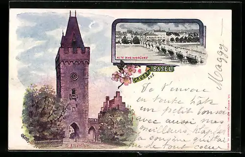 Künstler-AK Basel, St. Albanthor, alte Rheinbrücke