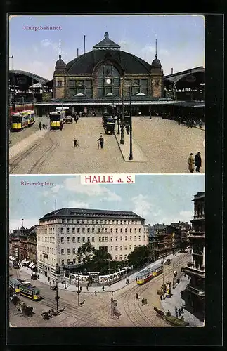 AK Halle a. Saale, Hauptbahnhof und Riebeckplatz