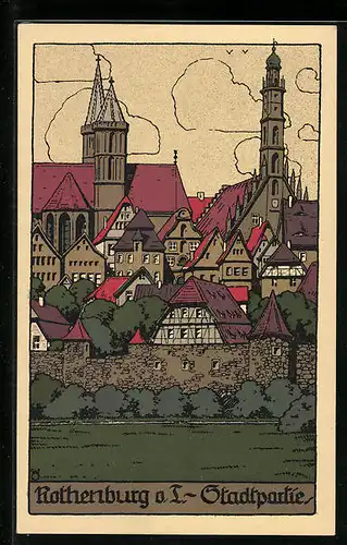 Steindruck-AK Rothenburg o. T., Stadtpartie