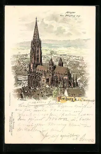 Lithographie Freiburg i. Br., Münster vom Schlossberg aus