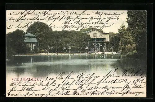 AK Wiesbaden, Kurgarten mit Weiher