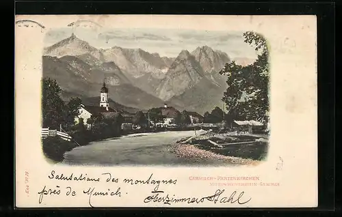 AK Garmisch-Partenkirchen, Ortsansicht mit dem Wetterstein-Gebirge