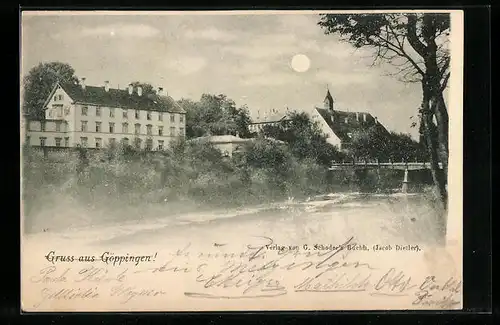 AK Göppingen, Ortspartie am Wasser bei Mondschein