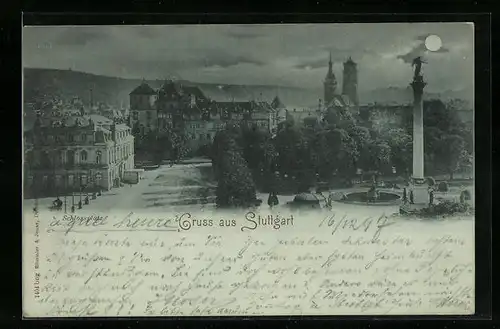 Mondschein-AK Stuttgart, Schlossplatz aus der Vogelschau