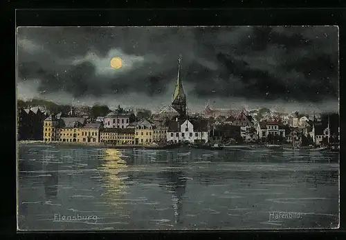 AK Flensburg, Hafenbild bei Mondschein