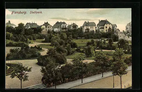 AK Flensburg, Stadtpark aus der Vogelschau