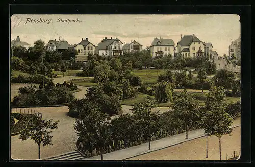 AK Flensburg, Stadtpark aus der Vogelschau