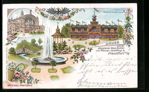 Lithographie Frankfurt a. M., Allgemeine Rosen-Blumen- und Pflanzen-Ausstellung mit Ausstellungshalle und -gelände