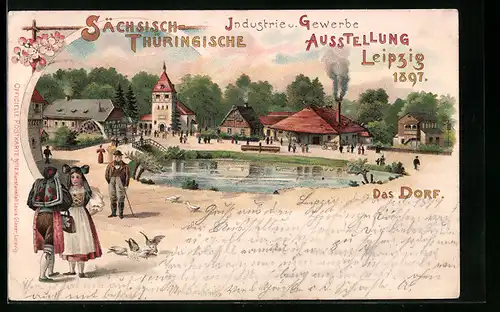 Lithographie Leipzig, Sächs.-Thüring. Industrie- u. Gewerbe-Ausstellung 1897, Das Dorf, Männer u. Frauen in Tracht