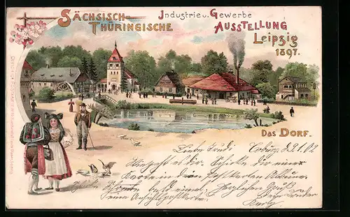 Lithographie Leipzig, Sächs.-Thüring. Industrie- u. Gewerbe-Ausstellung 1897, Das Dorf, Männer u. Frauen in Tracht