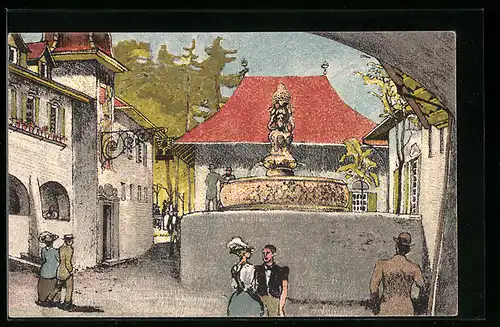 Künstler-AK Bern, Schweizerische Landes-Ausstellung 1914, Ortspartie mit Brunnen und Passanten