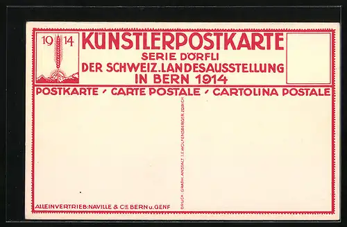 Künstler-AK Bern, Schweizerische Landes-Ausstellung 1914, Ortspartie mit Brunnen und Passanten
