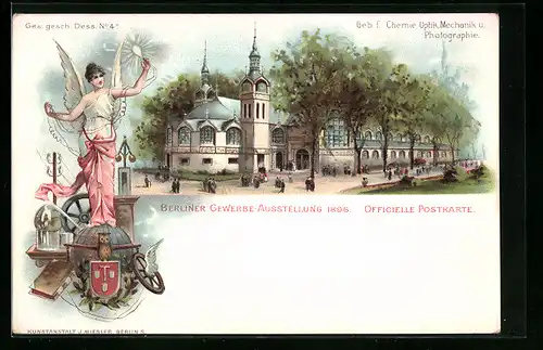 Lithographie Berlin, Gewerbe-Ausstellung 1896, Ge. f. Chemie, Optik, Mechanik & Photografie, gepflügelte Personifikation