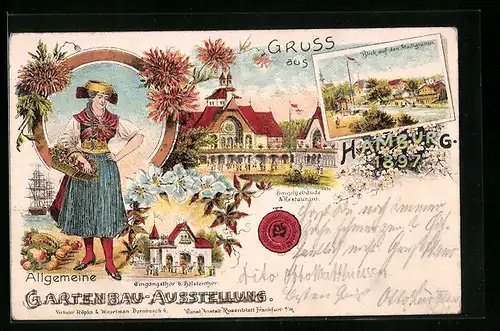 Lithographie Hamburg, Allgemeine Gartenbau-Ausstellung 1897, Hauptgebäude und Restaurant, Blick auf den Stadtgraben