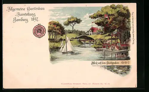 Lithographie Hamburg, Allgemeine Gartenbau-Ausstellung 1897, Blick auf den Stadtgraben