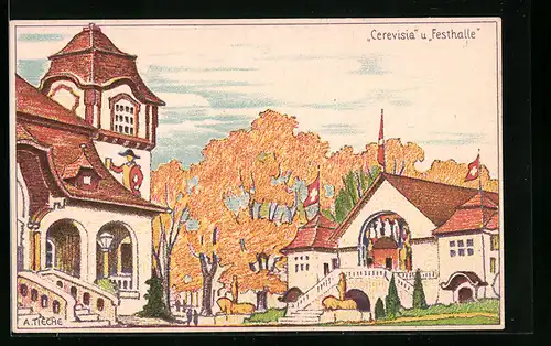 AK Bern, Schweiz. Landes-Ausstellung 1914, Cerevisia und Festhalle