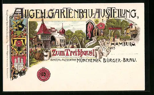 Lithographie Hamburg, Allgem. Gartenbau-Ausstellung 1897, Gasthäuser Zum Treibhausl & Windenhof