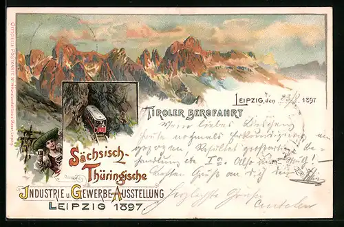 Lithographie Leipzig, Sächsisch-Thüringische Industrie- u. Gewerbe-Ausstellung 1897, Tiroler Bergfahrt, Bergbahn, Tracht