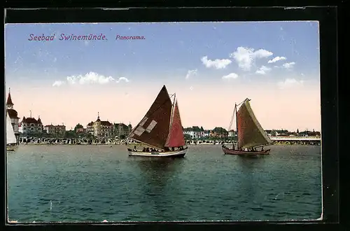 AK Swinemünde, Panorama der Promenade mit Segelschiffen im Vordergrund