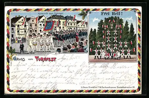 Lithographie Ankunft der Turner beim Turnerfest mit Reichsflagge, Turnerwappen