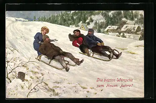 Künstler-AK Mit dem Schlitten in`s neue Jahr