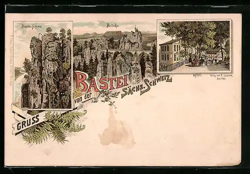 Vorläufer-Lithographie Bastei, Hotel, Basteifelsen, Brücke, 1895