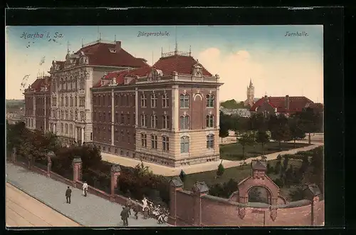 AK Hartha i. Sa., Bürgerschule und Turnhalle aus der Vogelschau