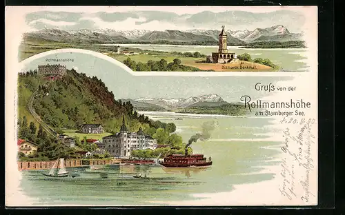 Lithographie Berg-Leoni /Starnberger See, Dampfer am Anleger und Rottmannshöhe, Bismarck Denkmal