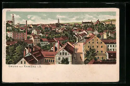 Lithographie Kamenz i. S., Blick über die Dächer der Stadt