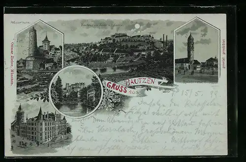 Mondschein-AK Bautzen, Ortsansicht m. Kaserne u. Reichenturm im Vollmondlicht