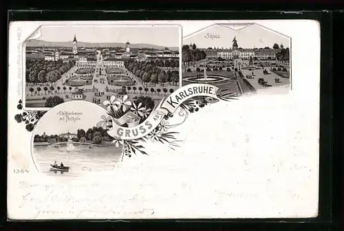 Lithographie Karlsruhe, Stadtgartensee mit Festhalle, Schloss