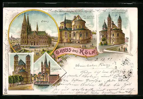Lithographie Köln, Dom, St. Martin, St. Gereon & St. Aposteln